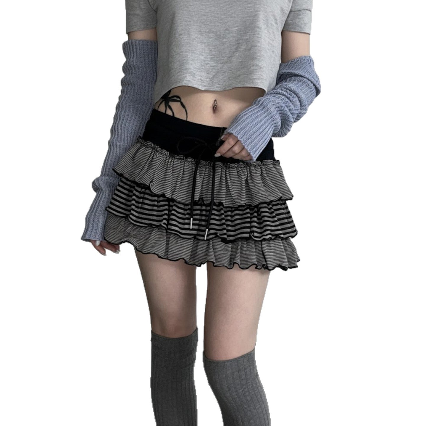 Jupe à volants superposés à rayures contrastées flatteuse pour la silhouette