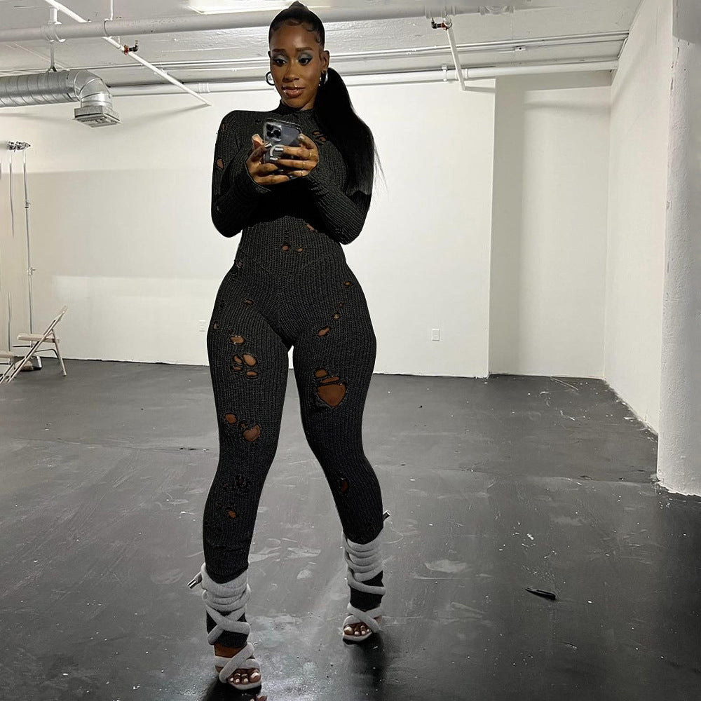 Solid Color Casual Long Sleeves Wool Lace-up Ripped Slim Fit Long Conjoined Trousers