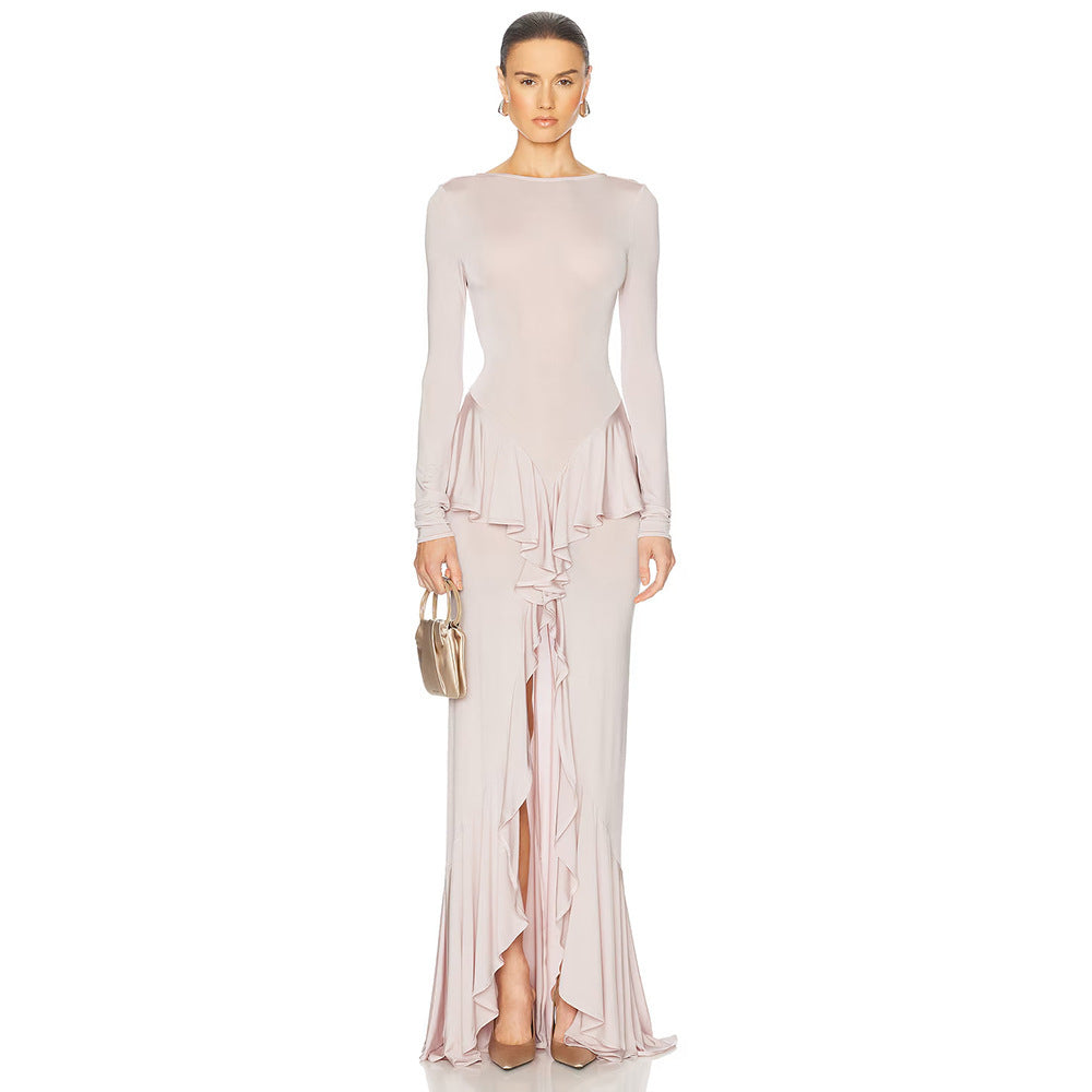 Backless Women Elegant Ruffles Slim Fit Dress