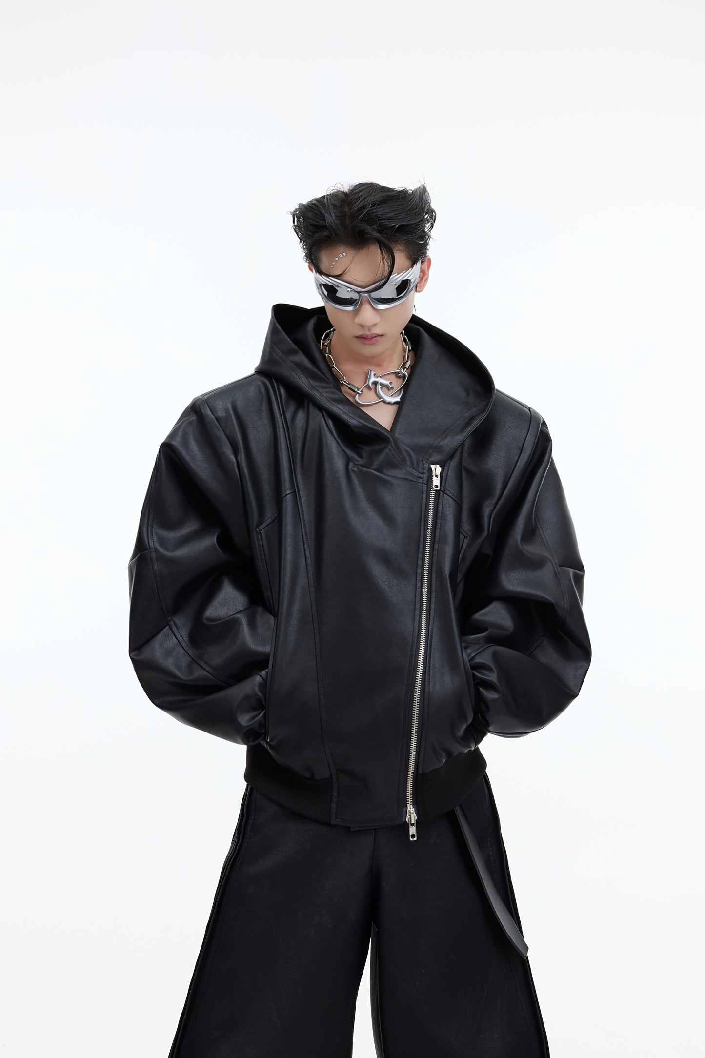 Zipper Hooded PU Leather Coat Loose Machete Sleeve Design Jacket