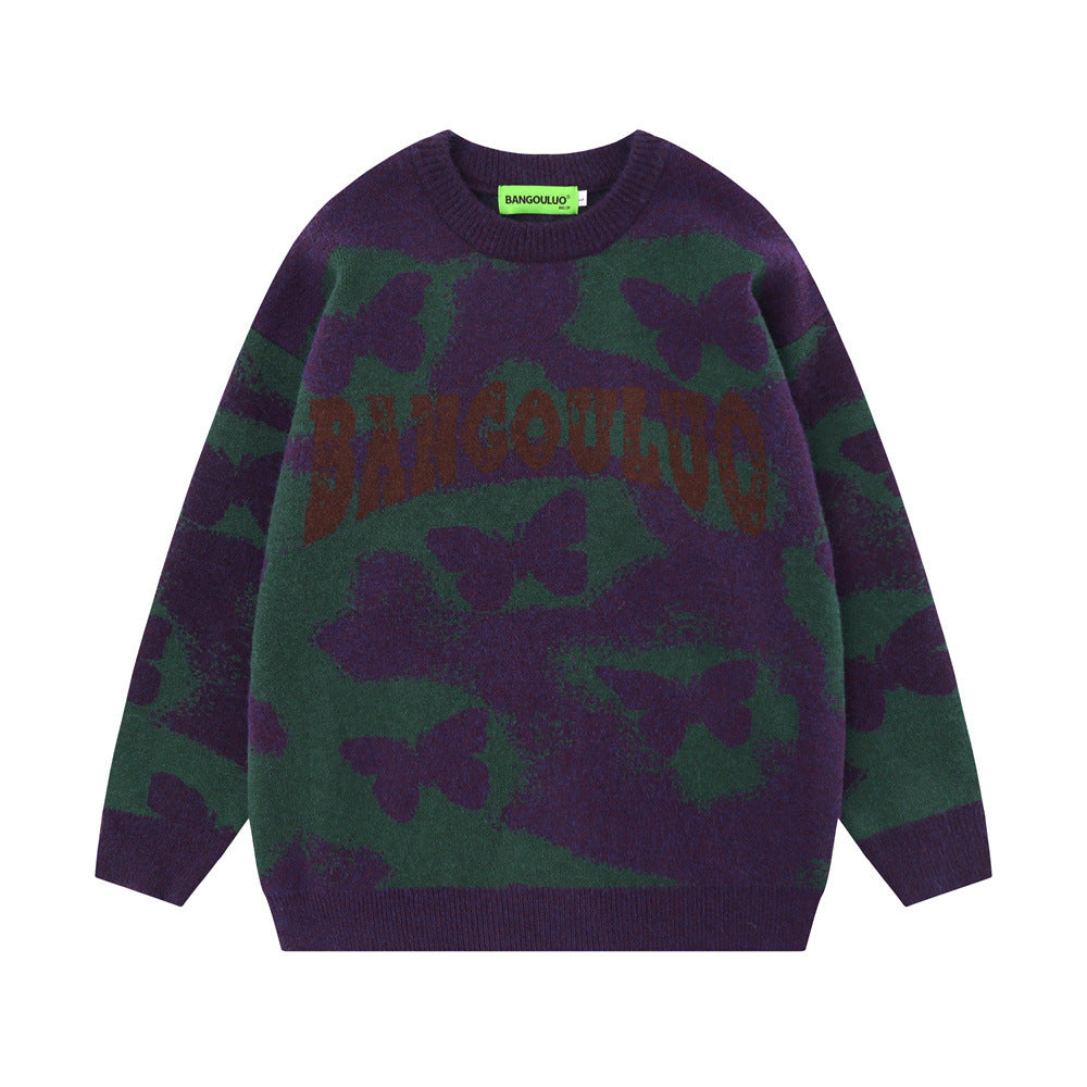 Full Printed Butterfly Design Sense Niche Round Neck Sweater