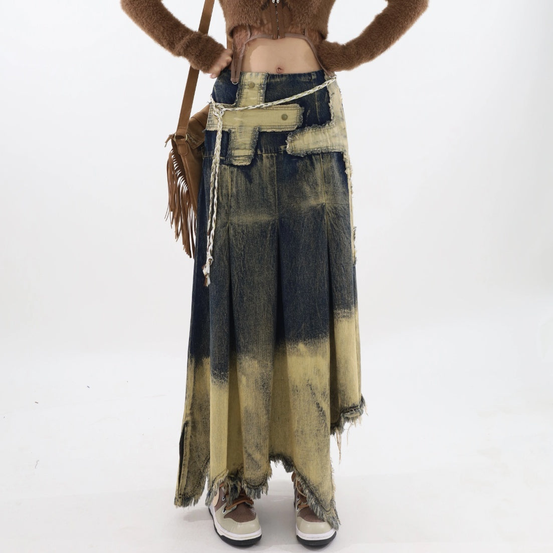 Irregular Patch Distressed Raw Edge Denim Skirt