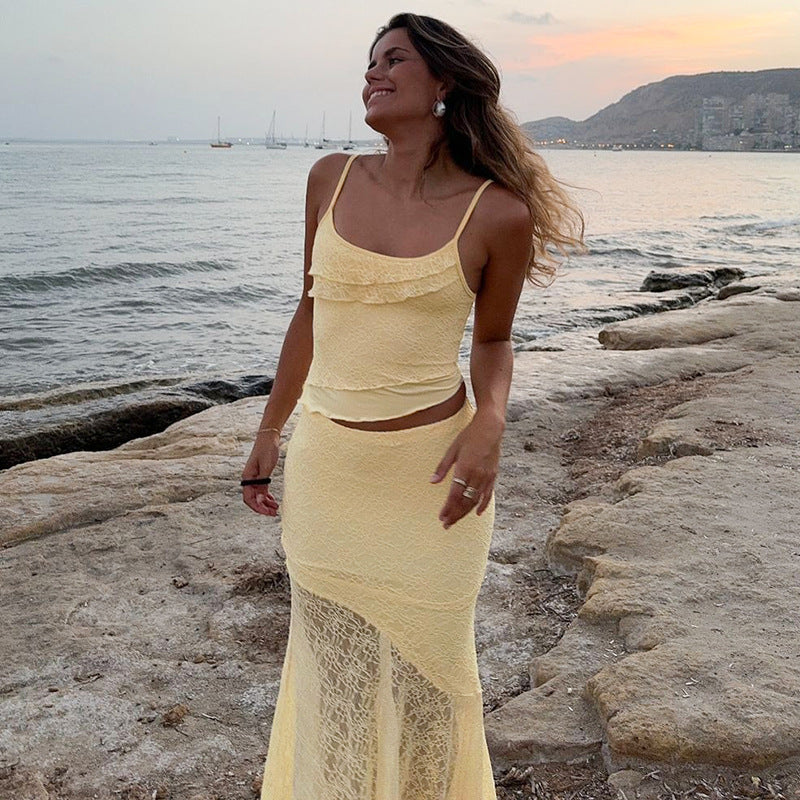 Lace See-through Wooden Ear Navel Vest High Waist Skirt Two-piece Set