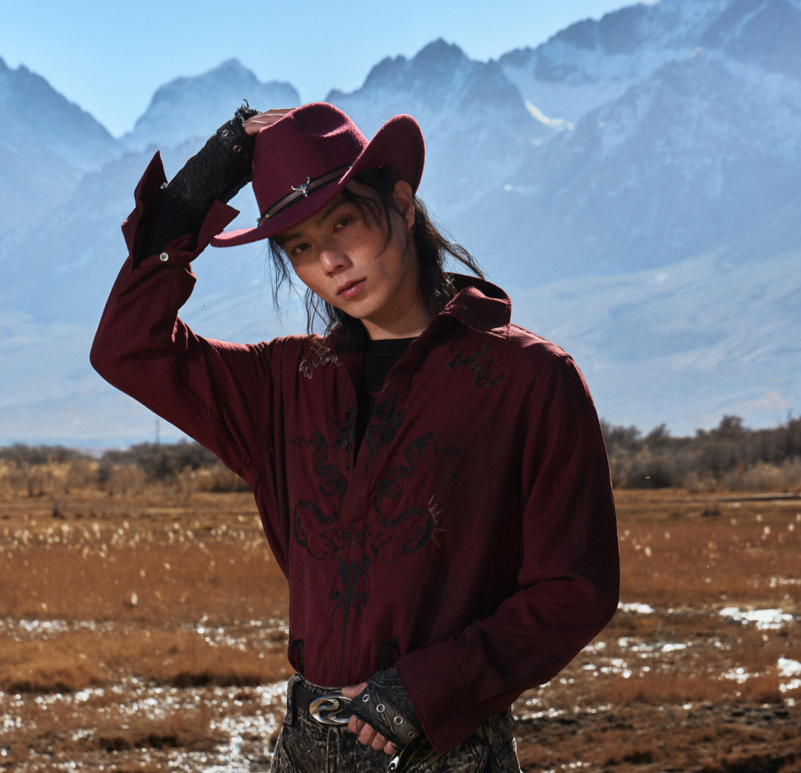 Totem Patterned Wine Red Misty Satin Velvet Shirt