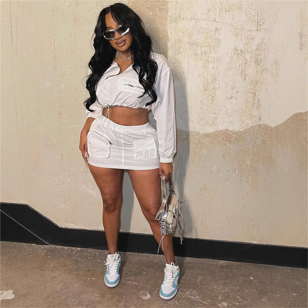 Veste de travail moulante unie à fermeture éclair, coupe sexy, manches longues, jupe taille basse