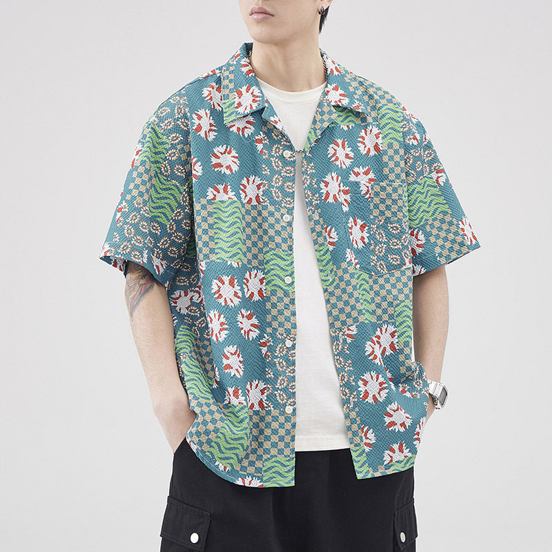 Chemise à manches courtes en seersucker de style hawaïen rétro pour homme