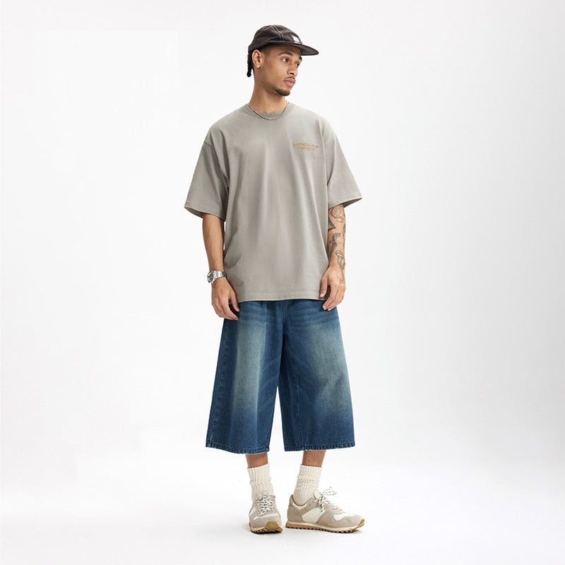 Thread Collar Embroidered T-shirt Retro Heavy Pit Short Sleeve