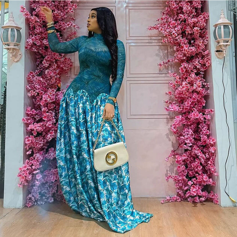 Micro-transparent A-line High-neck Elastic Slim-fit Long-sleeve Dress