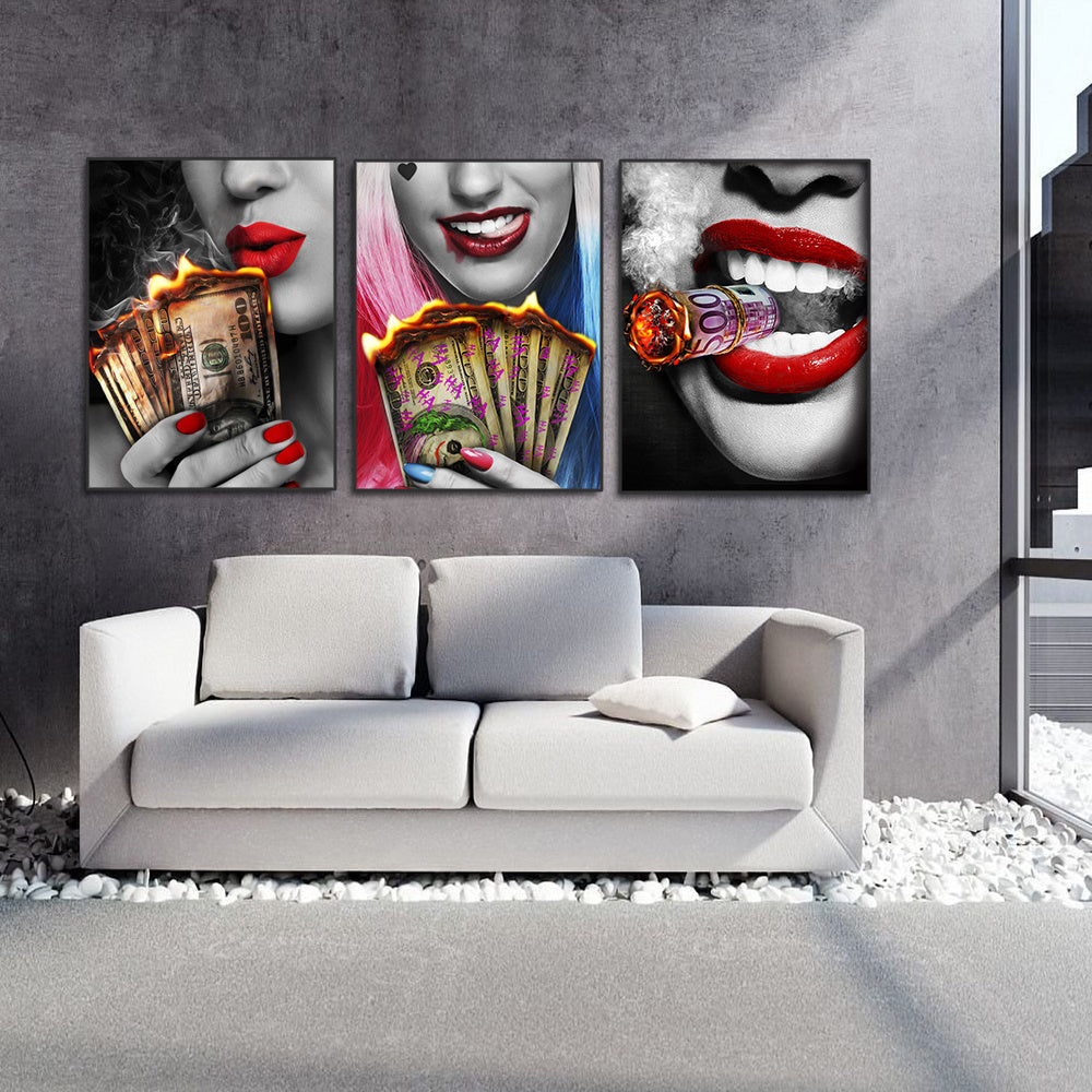 Wall Art Poster Red Lips Smoking Woman Clock Picture Canvas Painting