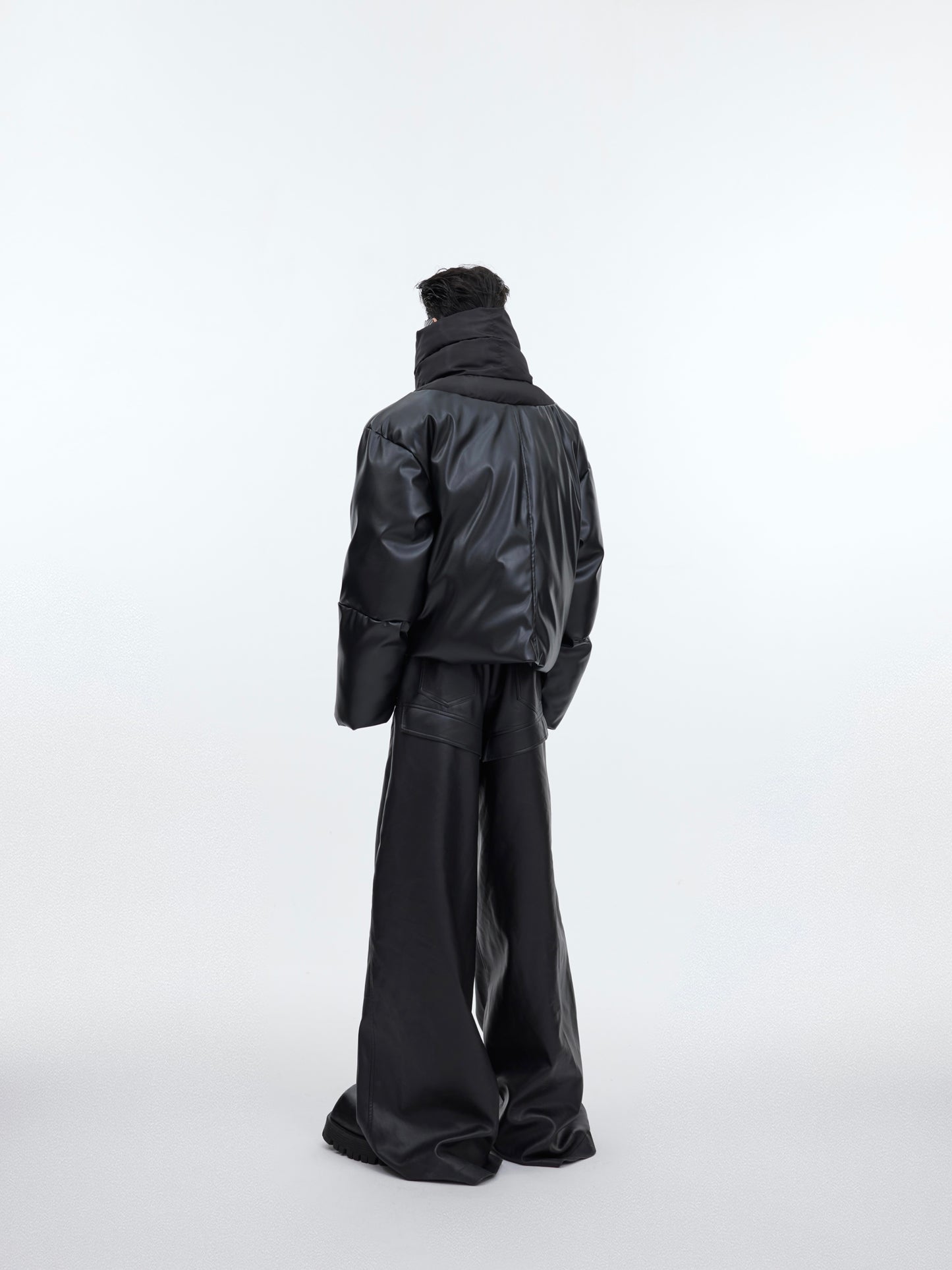 Manteau en coton à double col, veste en cuir PU brillant, surpiqûres, manteau rembourré en coton épaissi.