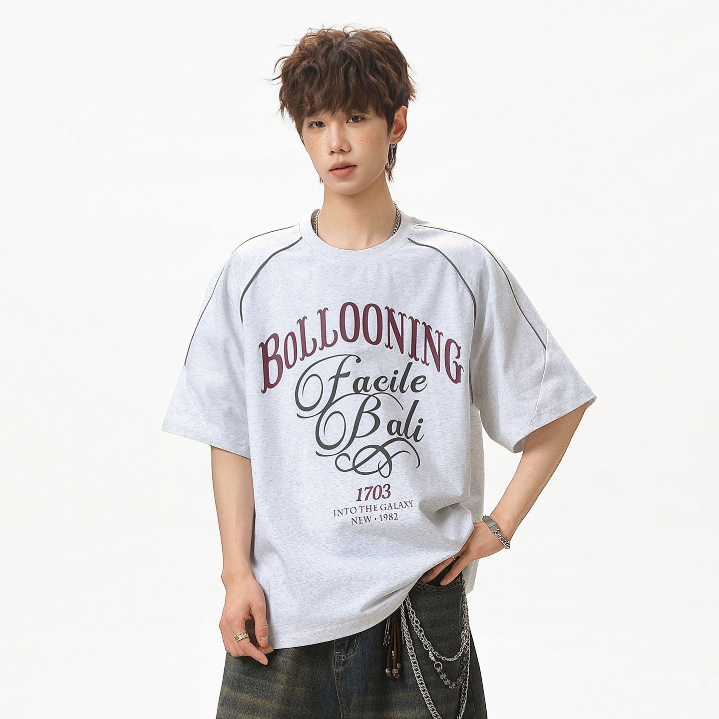 Contrast-color Letter-printed Cotton Short-sleeve T-shirt