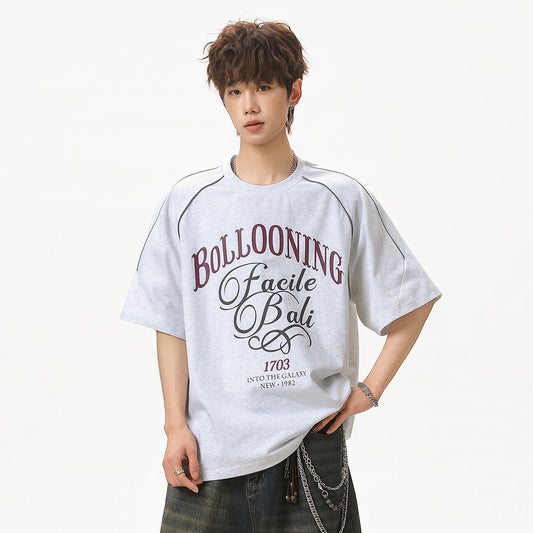 Contrast-color Letter-printed Cotton Short-sleeve T-shirt