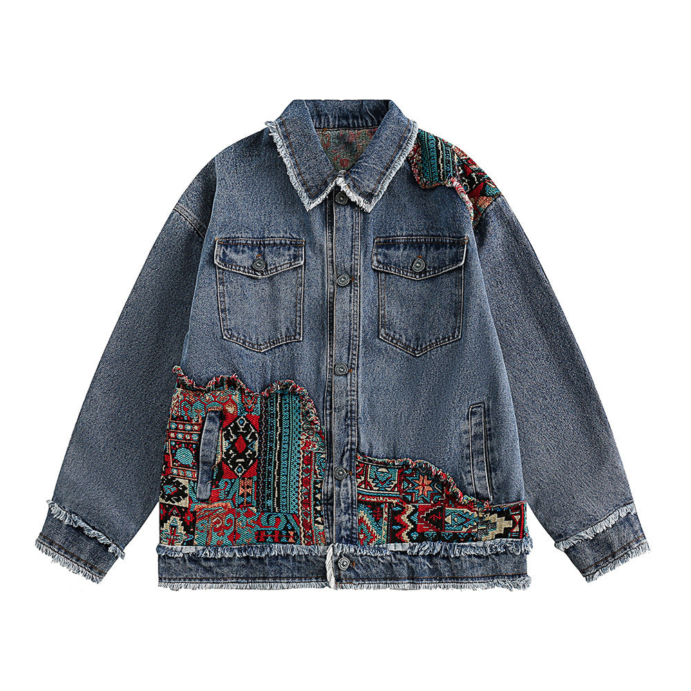 National Style Burrs Stitching Washed Denim Jacket