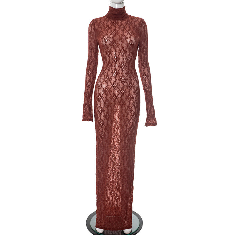 Robe à col roulé en dentelle à manches longues