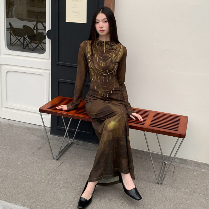 Retro Fitted Waist Slimming Long-Sleeve Dress For Women