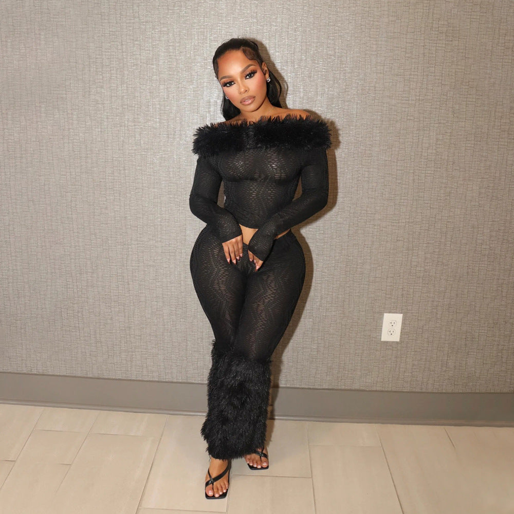 Long-sleeved Off-shoulder Top Slim-fit Trousers Furry Two-piece Set