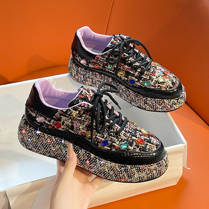 Fashion Platform Loafers, Colorful Tweed Slip-on Shoes With Gemstones, Casual And Comfortable Flat Shoes