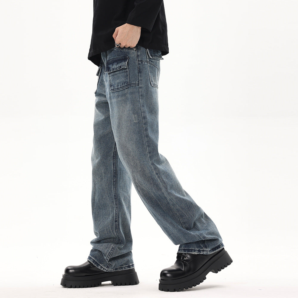 Men's High Street Loose Casual Washed And Worn Straight-leg Denim Pants