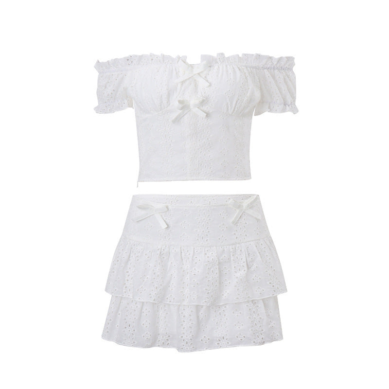 Womens Puff-Sleeve Top And Ruffle Hem Skirt Two-Piece Set