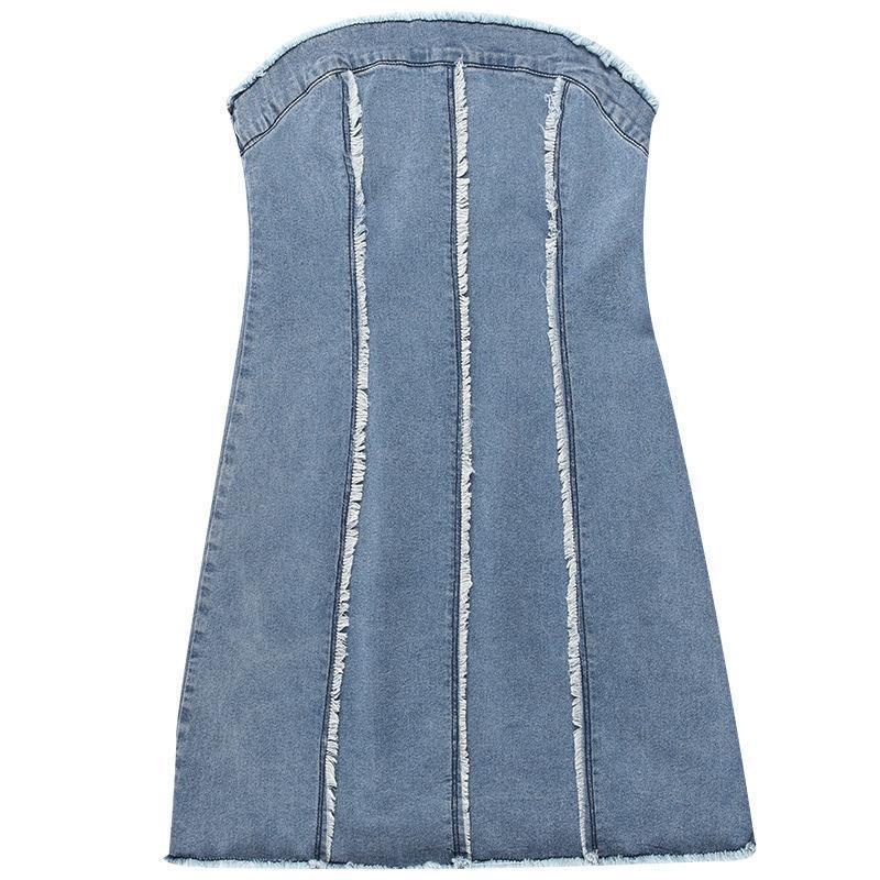 Ripped Wool Tops Denim Tube Top Wrapped Chest Sheath Dress