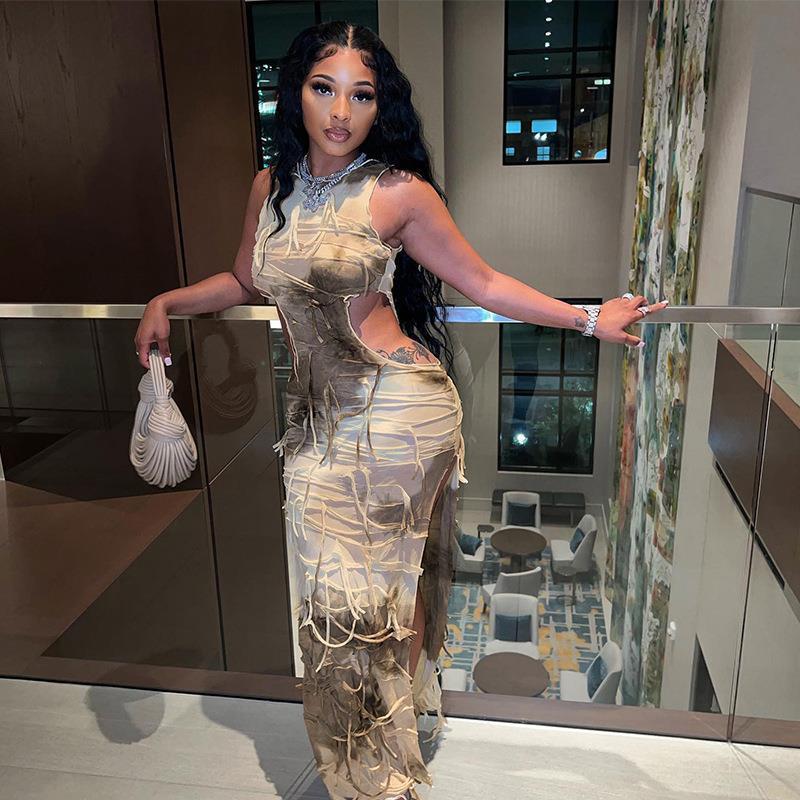 Fashion Tatted Sleeveless Tassel Ripped Dress