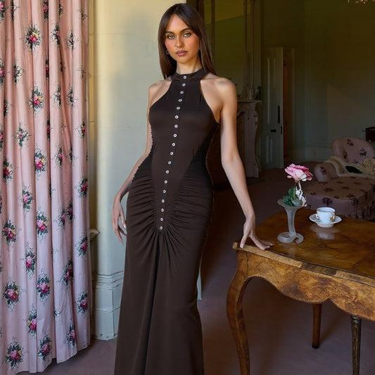 Robe sans manches à col rond, boutonnée, coupe ajustée et élégante