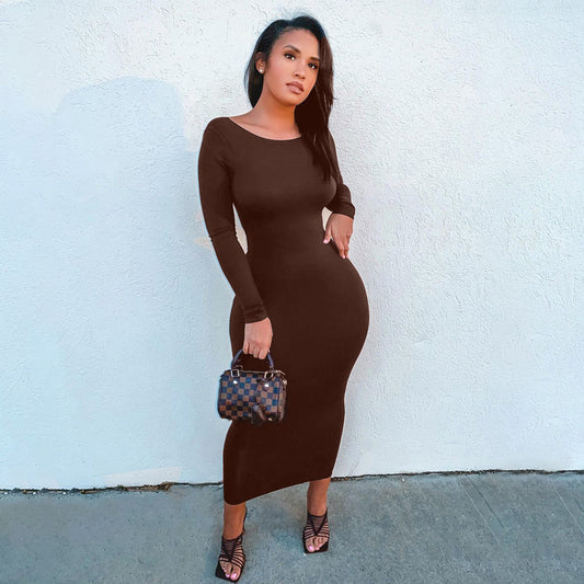 Backless Round Neck Long Sleeve Pure Color Tight Sheath Dress