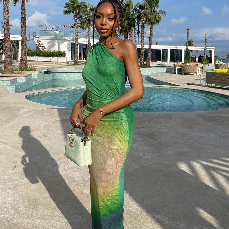 Printed Sexy Crossbody Sleeveless Gradient Color Sheath Dress