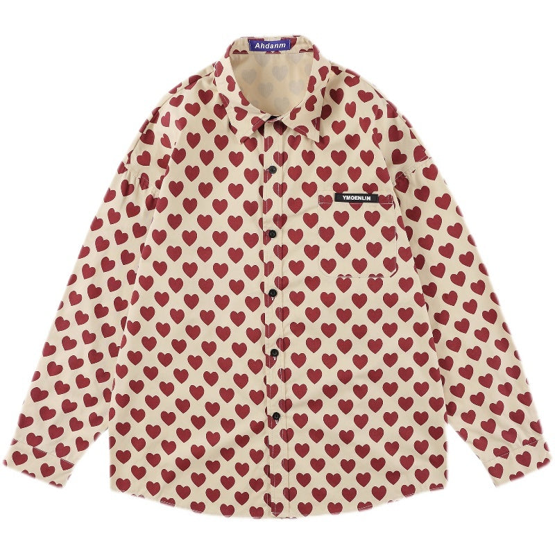 Camicia a maniche lunghe con stampa a cuore, ampia e casual