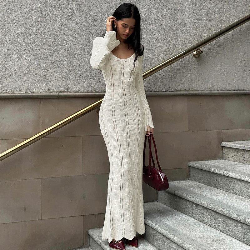Robe en laine de couleur unie à manches longues et col en U, style tendance