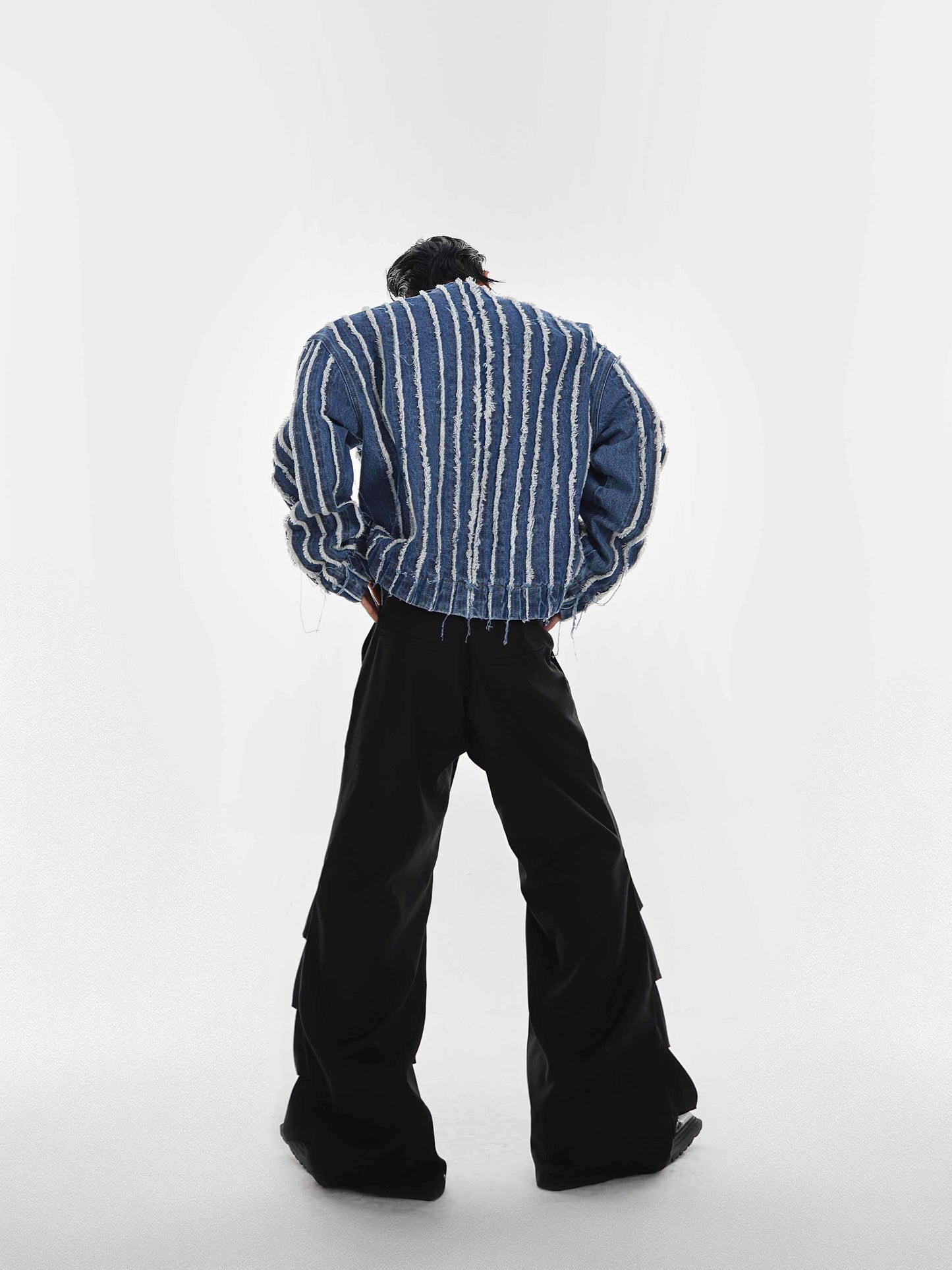 Three-dimensional Striped Tassel Denim Jacket Collarless Jacket Washed Top