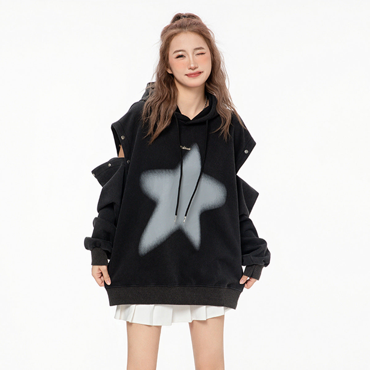 American-style Printed Distressed Detachable Sweater Autumn Couple Loose Top