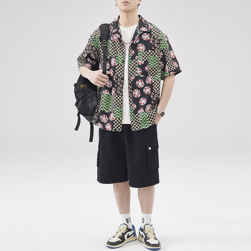 Chemise à manches courtes en seersucker de style hawaïen rétro pour homme