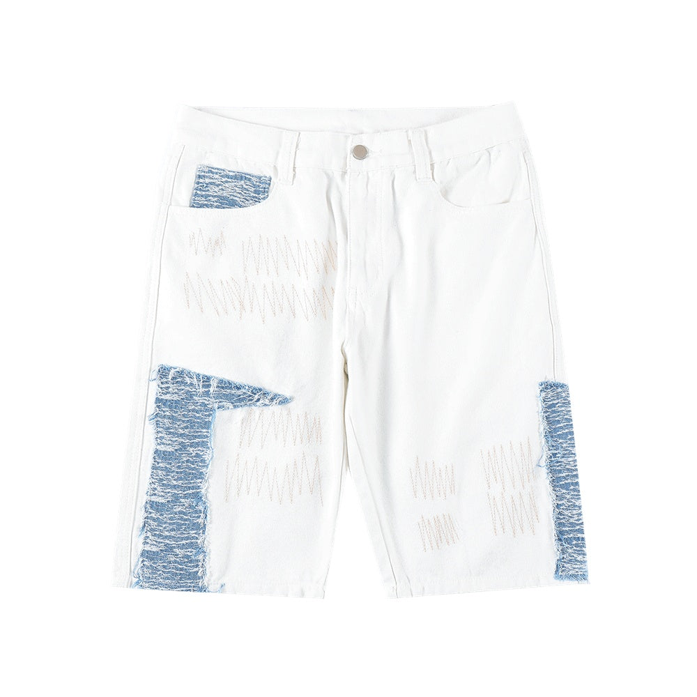 Contrast Panel Embroidered Denim Shorts