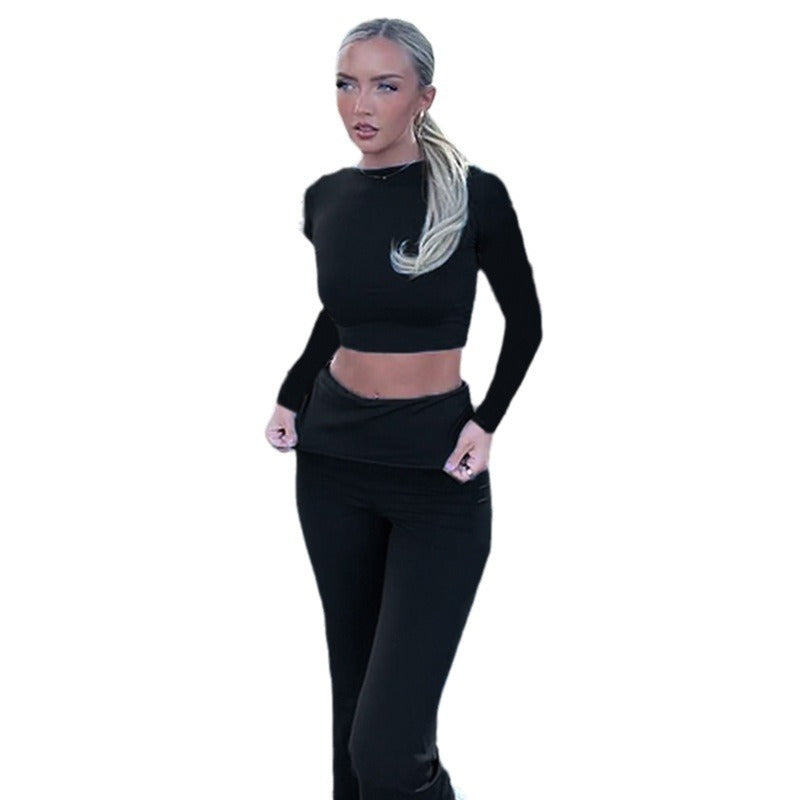 Fashion Solid Color Simple Sports Long-sleeved Top High Waist Slim-fit Straight Trousers Two-piece Set