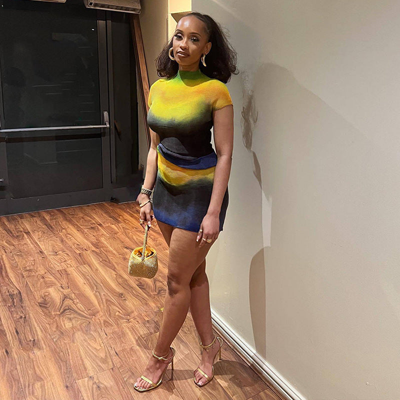 Temperament Commuter Slim Print Contrast Color Round Neck Short Sleeve Hip Skirt