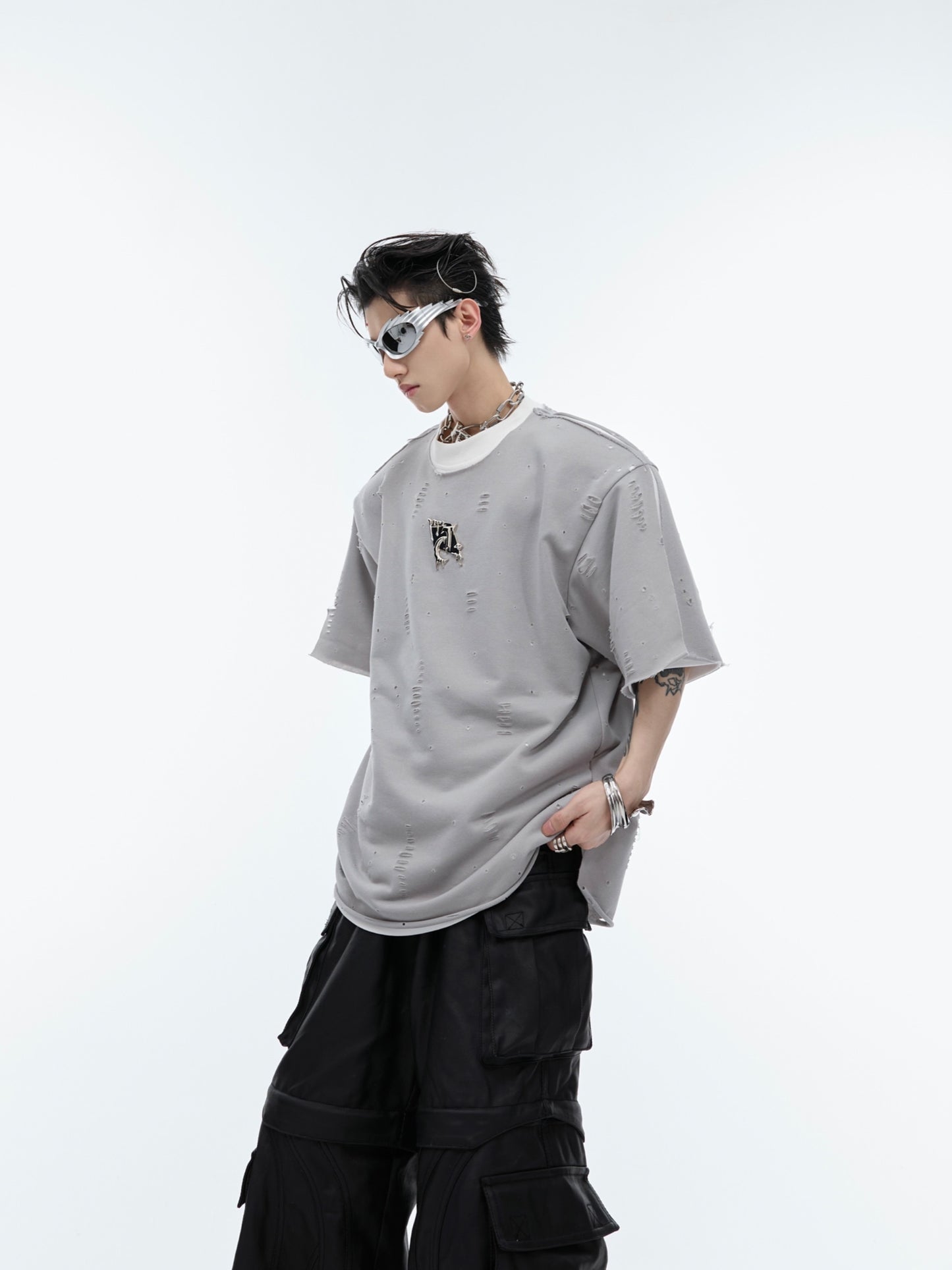 Metal Embellished Distressed Loose Short Sleeve