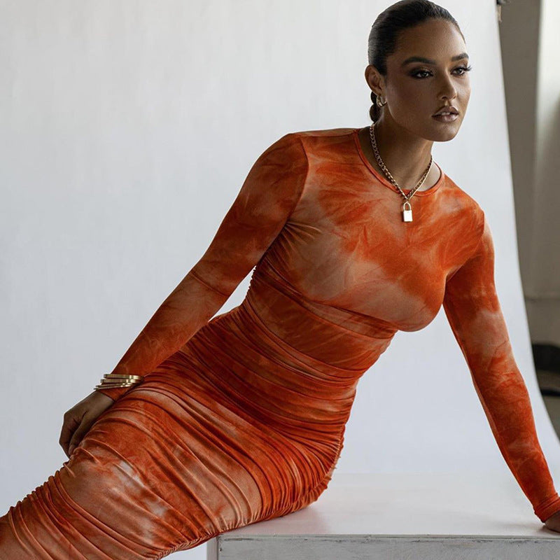 Robe imprimée à col rond, jupe amincissante et amincissante aux hanches