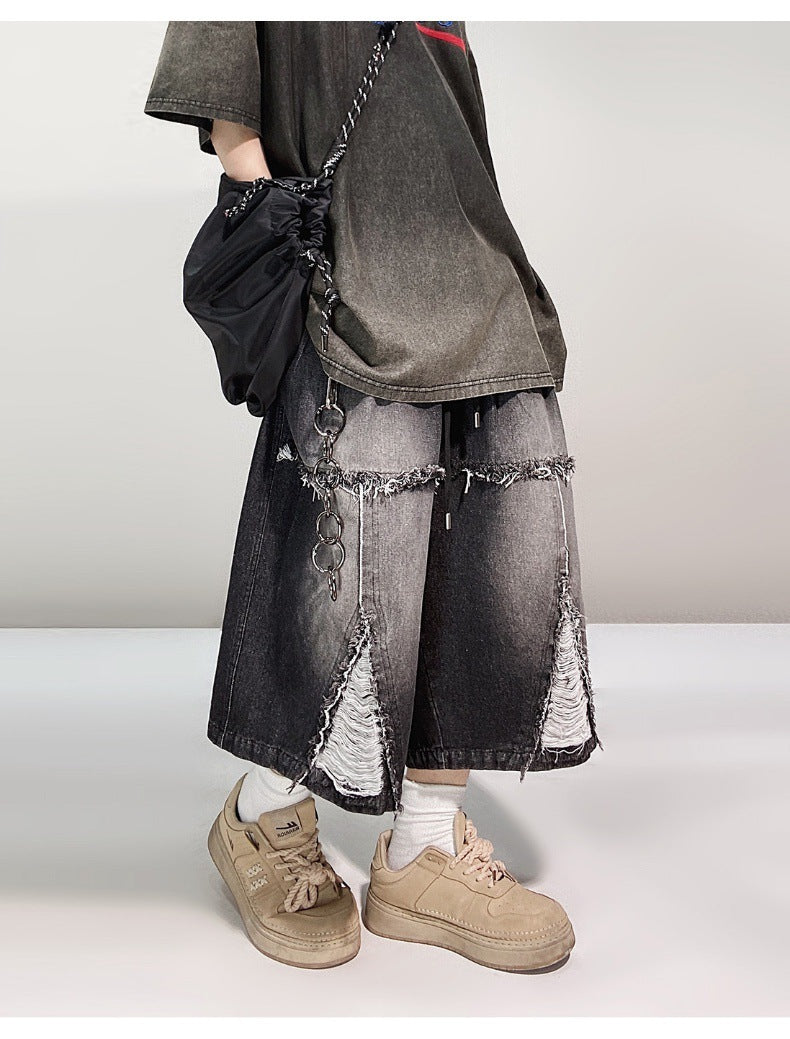 Pantaloncini in denim retrò a gamba larga hip hop