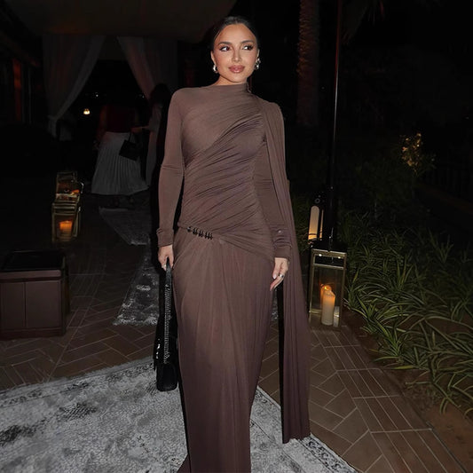 Robe unie à manches longues plissées, coupe ajustée et coupe slim