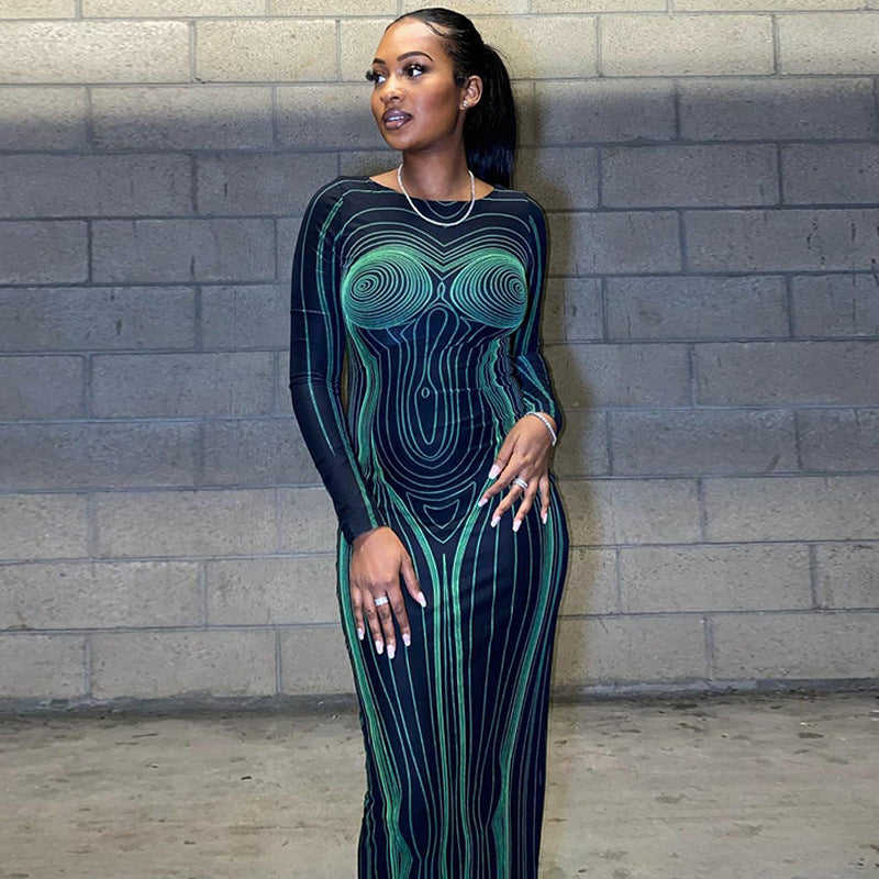 Ladies Fashion Printed Backless Slim Dress