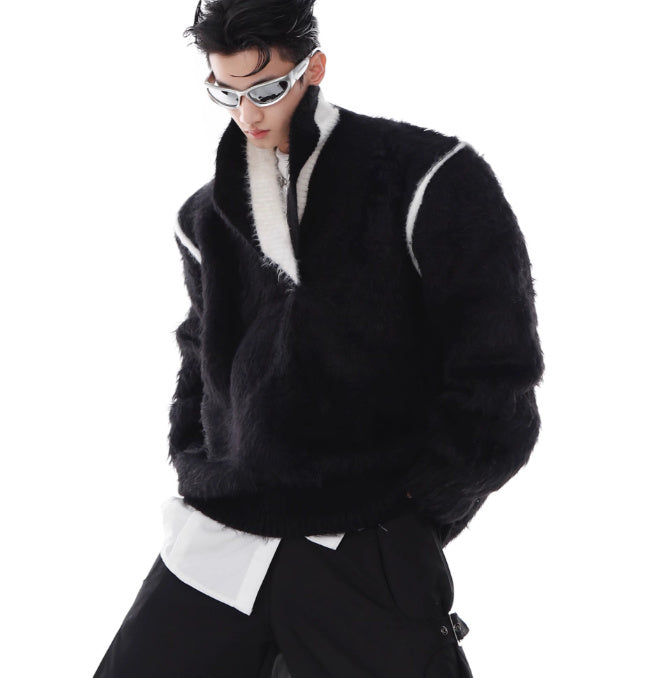 V-neck Anti-mink Plush Sweater Loose Thick Sweater Contrast Color Design Knitted Top