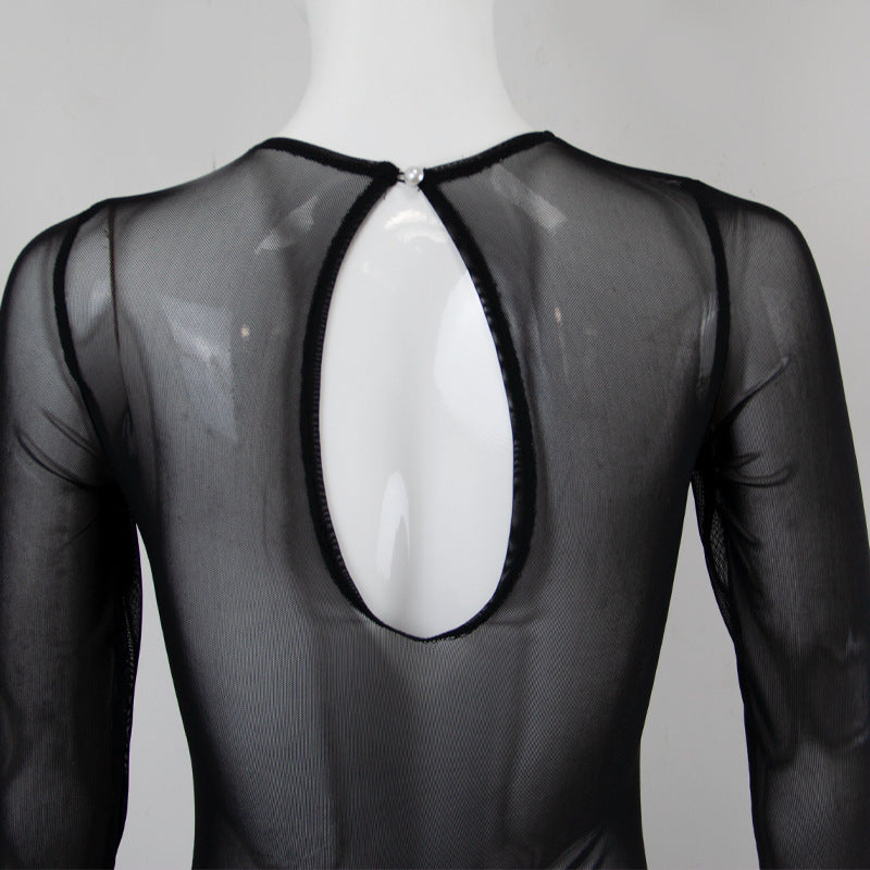 Mesh Panel PU Shiny Long Sleeve Wrap Dress