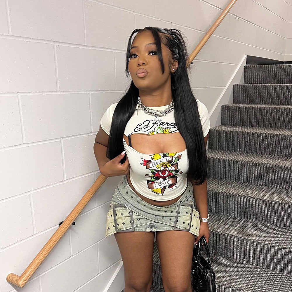 Haut court moulant imprimé rose