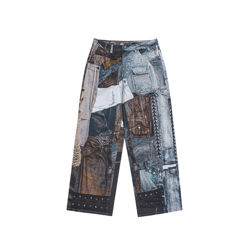 Vintage Patchwork Digital Printing Jeans American Street