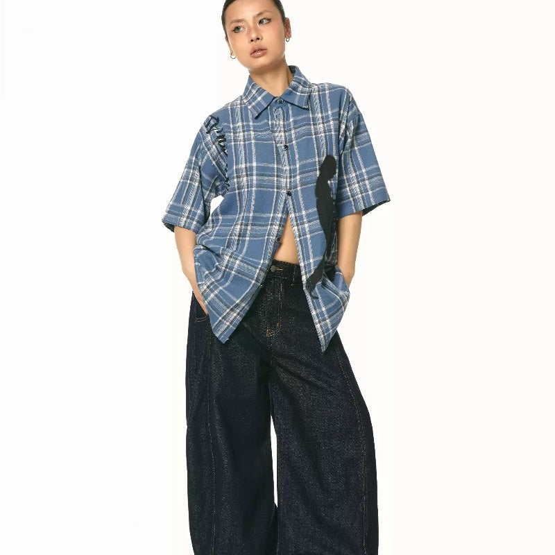 Nouvelle chemise ample à manches courtes à carreaux bleus