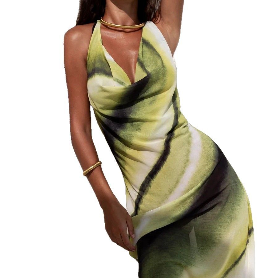 Abito a tubino aderente con scollo a V sexy e schiena scoperta, stampa digitale