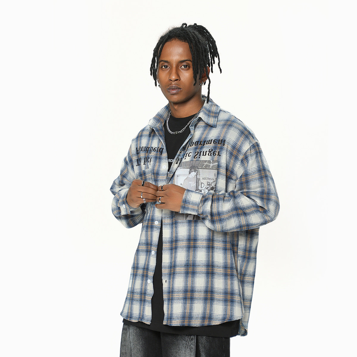 Chemise à carreaux à manches longues et col montant, imprimé lettres de caractère, marque de mode