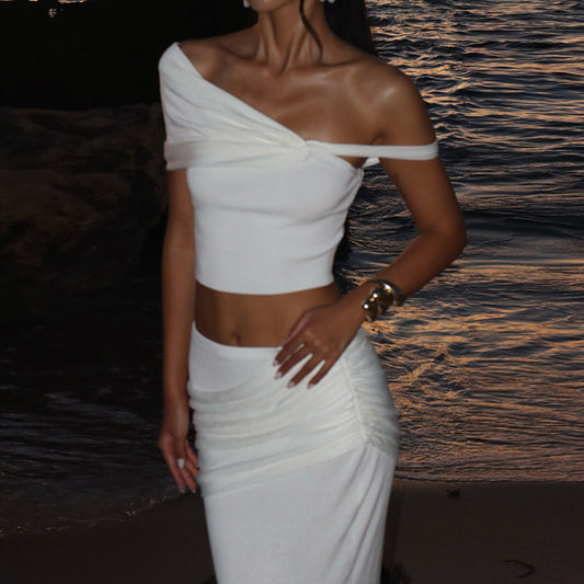 Solid Color Creative Slim-fit Oblique Shoulder Long Dress Suit Women