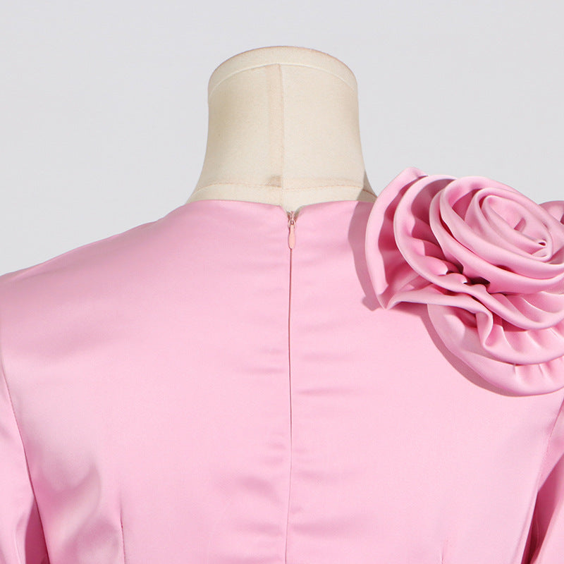 French Flower Decoration Round Neck Slim Fit Dress